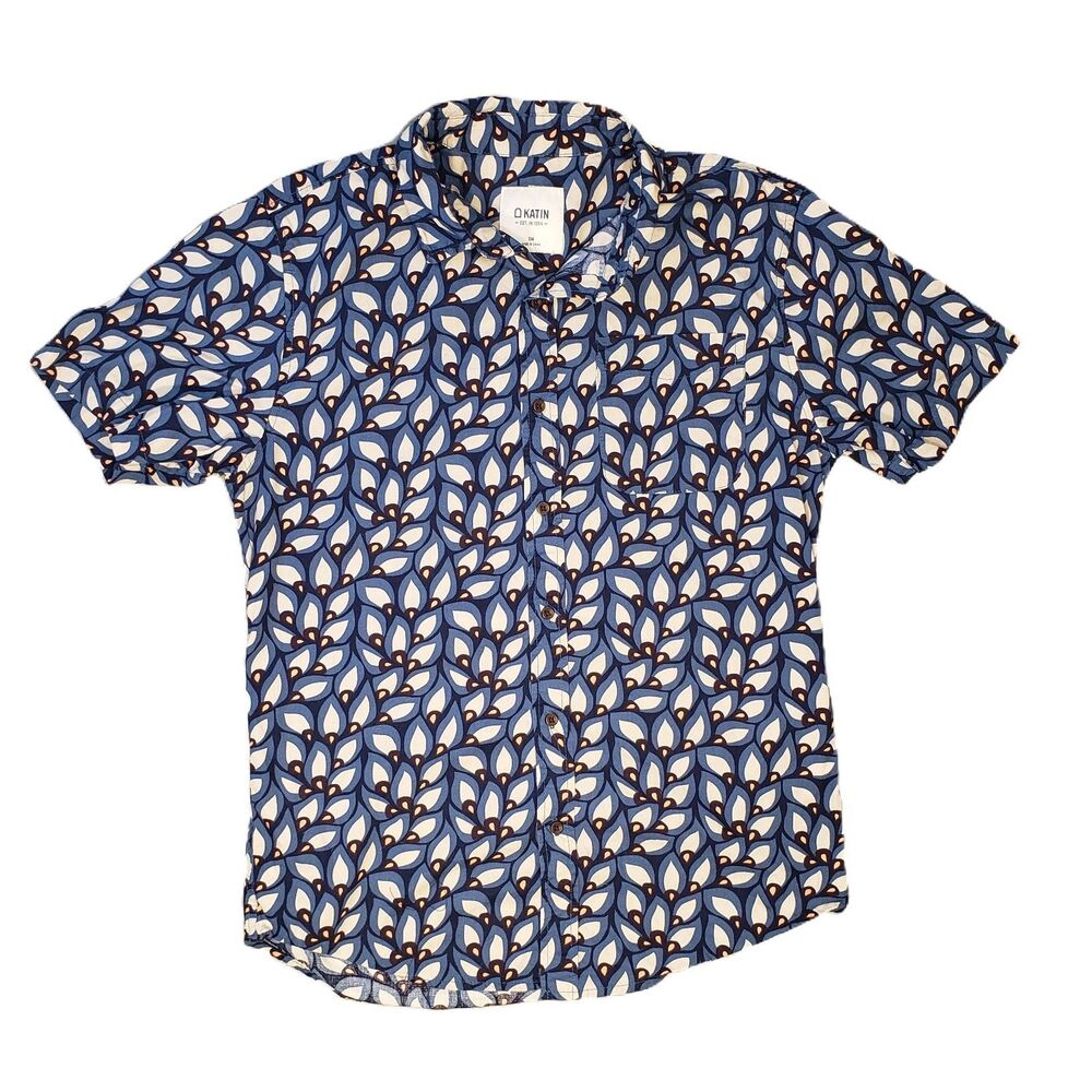 Katin Feathers Shirt Mens‎ Small Blue Short Sleeve Summer Camp Retro Casual